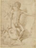 Lucas van Leyden. Two nude allegorical figures seated back-to-back on a sphere, c1516. Silverpoint on prepared paper, 27.7 x 20.5 cm © The Trustees of the British Museum.