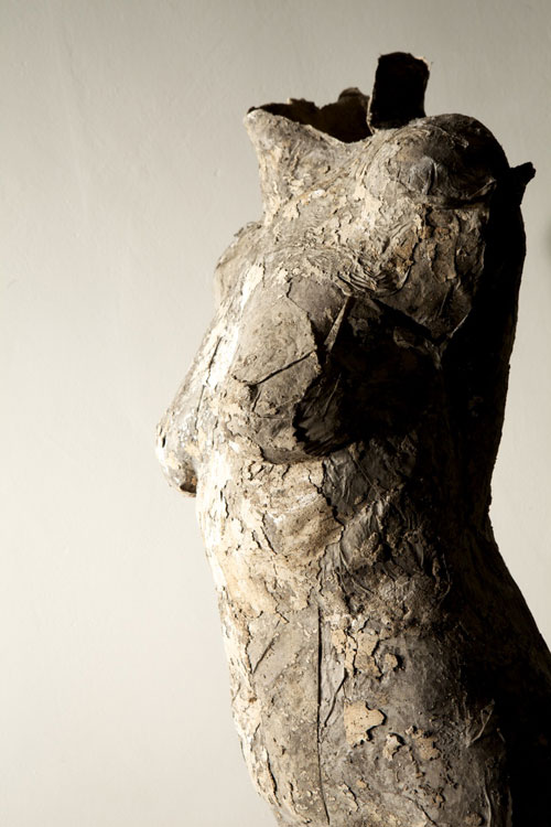 Silvia Hatzl. Bust, 2012. Silk, cotton, linen, earth, ash, plaster, pigment, bone and paper, 67 x 30 x 42 cm. Courtesy Rosenfeld Porcini.