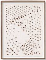Daniel Sinsel. Untitled, 2013. Hazelnut shells, linen and paper, 76.5 x 57 cm (30 x 22 ⅜ in). Copyright the artist, courtesy Sadie Coles HQ, London.