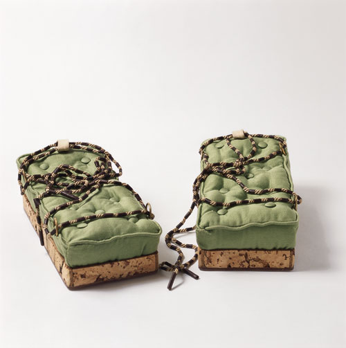 Birgit Jürgenssen. Matratzenschuhe (Mattress Shoes), 1973. Leather, cork and fabrics, 25 x 12 x 8 cm each. © Estate of Birgit Jürgenssen / © Bildrecht, Vienna, 2015.