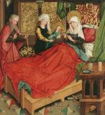 Master of the Divisio Apostolorum. The Nativity of the Virgin, c1490/95. Painting on spruce, 78 x 73.5 cm. © Belvedere, Vienna.