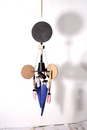 Sally Smart. Artists Dolls #9 Ballet Puppen (OSKAR), 2011-12.  Synthetic polymer paint and ink on canvas and fabric with wood, cardboard and  various collage elements, 120 cm (h). Courtesy the artist and Purdy Hicks Gallery, London.