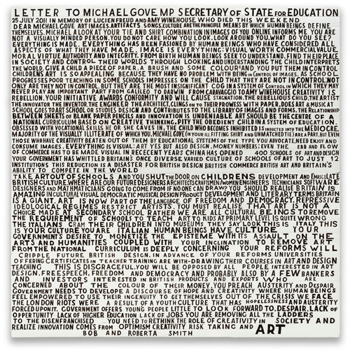 Bob and Roberta Smith. Letter to Michael Gove MP, 25 July 2011. Courtesy Bob and Roberta Smith.