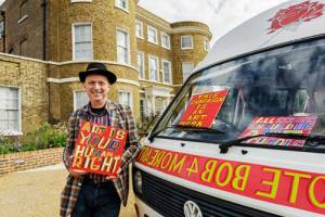 Bob and Roberta Smith with campaign van at the William Morris Gallery, London. Courtesy Bob and Roberta Smith. Photograph: Nicola Tree.