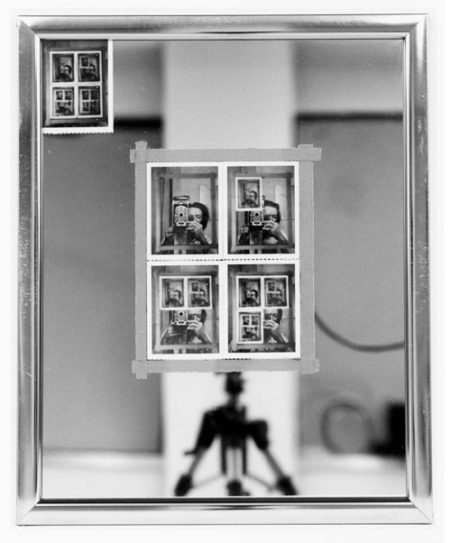 Michael Snow. Authorization, 1969. Five instant silver prints (Polaroid 55), adhesive tape, mirror in metal frame, 21 1/2 x 17 1/2 inches (54.6 x 44.4 cm).