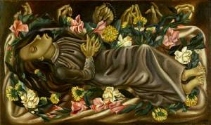 Juan Soriano. <em>The Dead Girl</em>, 1938. Oil on panel, 18 1/2 x 31 1/2 inches. Philadelphia Museum of Art, gift of Mr and Mrs Henry Clifford, 1947.
