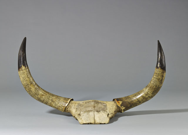 Zulu carved ox horns, South Africa, late 19th century. Photograph © The Trustees of the British Museum.