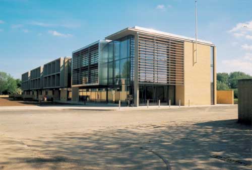 Northern façade of Arumugram Building showing residential block beyond