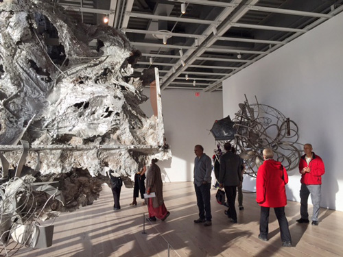 Distressingly, Stella’s monumental steel tubing rising to meet Renzo Piano’s cantilevered steel ceiling presents like a clash of the titans and, given its breadth, the architecture wins out. Photograph: Jill Spalding.