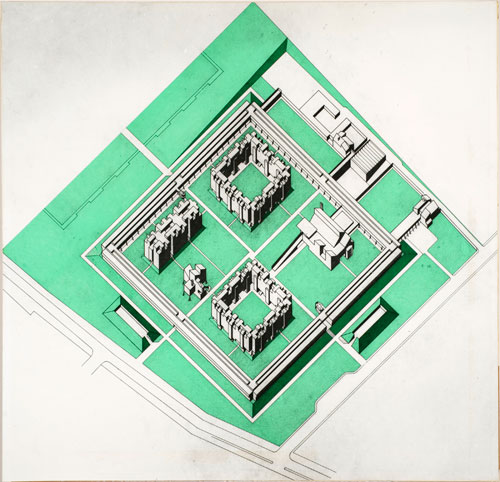 Stirling and Gowan. Churchill College, Cambridge: axonometric, 1958 or after. Gelatin silver print with coloured transfer film mounted on masonite panel. James Stirling/Michael Wilford fonds, Collection Centre Canadien d’Architecture/Canadian Centre for Architecture, Montréal.