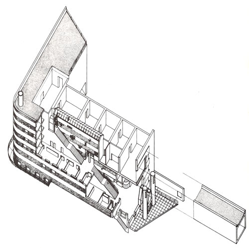  Arthur M. Sackler Museum, Harvard University. Cut away axonometric revealing the great glazed central stairway which links the galleries with the staff offices on the street fronts. Also evident are archeological fragments from the Romano-Coptic Collection embedded in the stairway wall. <em>Studio International</em>, Vol 198, No 1010, 1985.