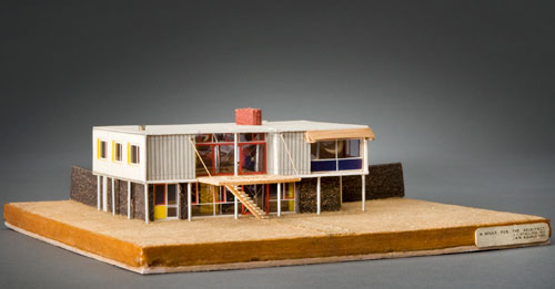 James Frazer Stirling. <em>House for the Architect: model</em>, probably late autumn 1948. Paper, burlap, cork, plastic, metal, thread, black ink, gouache, fibreboard. James Stirling/Michael Wilford fonds, Collection Centre Canadien d’Architecture/Canadian Centre for Architecture, Montréal.