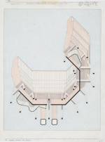 James Stirling (Firm). Florey Building, The Queen’s College, Oxford. Axonometric, 1966-71. Ink, graphite, and coloured crayon on tracing paper. James Stirling/Michael Wilford fonds, Collection Centre Canadien d’Architecture/Canadian Centre for Architecture, Montréal