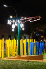 Jessica Stockholder. Installation view (3): Angled Tangle. Art Basel Miami Beach, 2014. Steel, aluminium, auto paint, light fixtures, plastic bollards, gravel. Site-specific installation. Photograph: Joseph Rynkiewicz. Courtesy of the artist, Kavi Gupta Gallery, and Mitchell-Innes & Nash, NY.