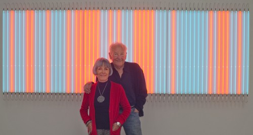 Danielle and Franςois Morellet with Rouge Pair-Bleu Impair n;1, n;2 et n; 3 by Franςois Morellet. Photograph © Roswitha Pross, Munich.