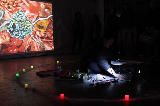 Linda Stupart. A Spell to Bind All-Male Conference Panels, 2016. Performance (with salt circle, projection, remote controlled candles, felt, myrrh, thread, Tupperware box). Arcadia Missa.