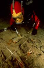 An archaeologist diver using a brush to clear remnants of fauna including a bovid jaw discovered under 2.5 cm of sand on the site of Canopus in Aboukir Bay. © Franck Goddio/Hilti Foundation. Photograph: Christoph Gerigk.