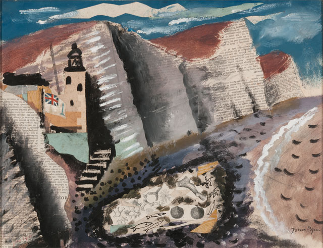 John Piper. Beach and Star Fish, Seven Sister's Cliff, Eastbourne, 1933-34. Gouache, pen and ink with collage of paper and fabric, 38.4 x 49.8 cm. Jerwood Collection. © The Piper Estate / DACS 2016. Image courtesy of Jerwood Gallery.