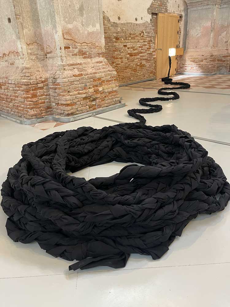 Verena Melgarejo Weinandt, Weaving Connections, 2026. Exhibition view, Tide of Returns, Ocean Space, Venice. Commissioned and produced by TBA21–Academy. Photo: Veronica Simpson.