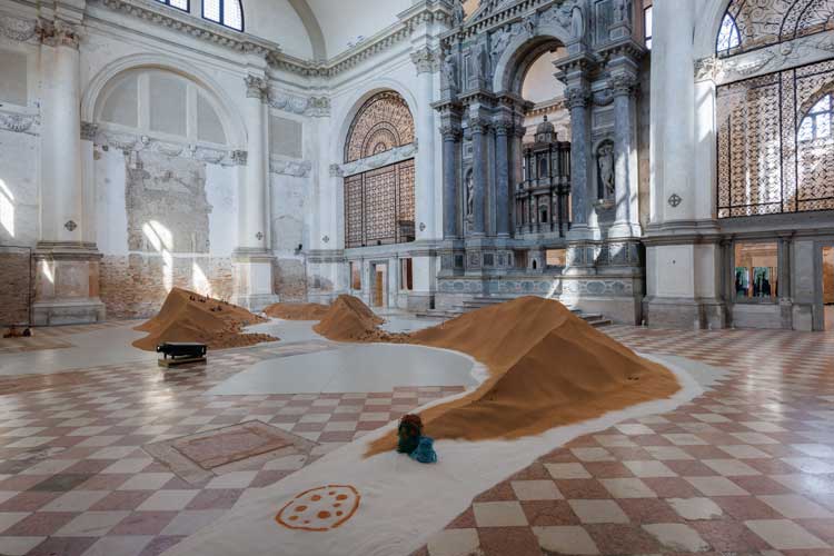 Repatriates Collective, From My Mother’s Country, 2026. Exhibition view, Tide of Returns, Ocean Space, Venice. Commissioned and produced by TBA21–Academy. Photo: Jacopo Salvi.