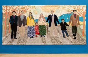 Małgorzata Mirga-Tas, Maria’s Romani Family, 2022. We won’t stay silent any longer. Part of The Dead Don’t Go Until We Do, 2026. Exhibition view, Talbot Rice Gallery, the University of Edinburgh. Photo: Sally Jubb