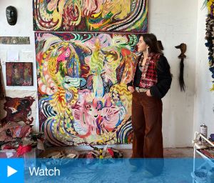 Melania Toma speaking to Studio International at her south-east London studio, March 2026. Photo: Martin Kennedy.