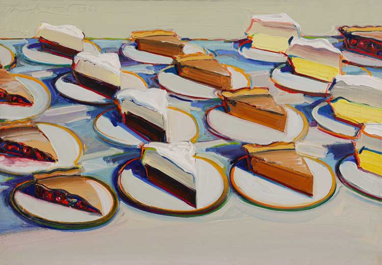 Wayne Thiebaud, Pie Rows, 1961. Oil on canvas, 46 x 66cm. Collection of the Wayne Thiebaud Foundation. © Wayne Thiebaud / VAGA at ARS,
NY and DACS, London 2025. Image: Wayne Thiebaud Foundation.
