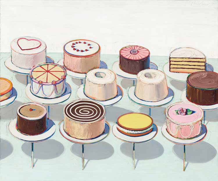 Wayne Thiebaud, Cakes, 1963, Oil on canvas, 152.4 x 182.9cm. National Gallery of Art, Washington, D.C. © Wayne Thiebaud / VAGA at ARS, NY and DACS, London 2025. Image: Courtesy National Gallery of Art, Washington.