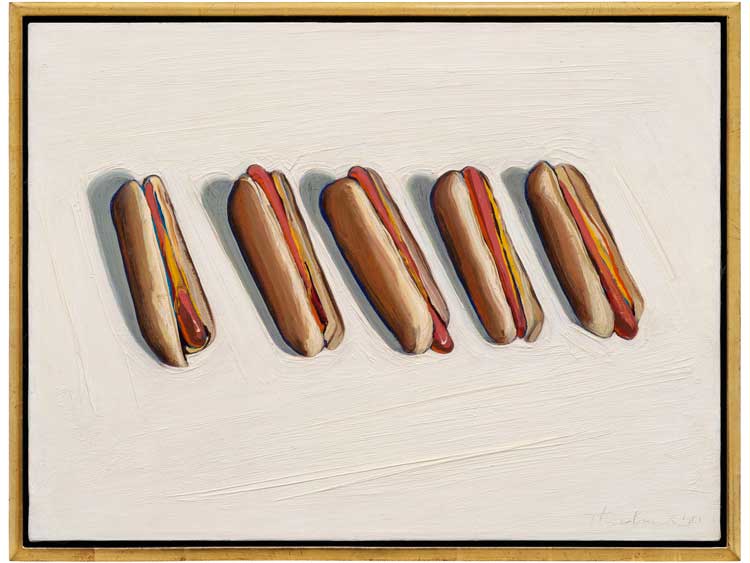 Wayne Thiebaud, Five Hot Dogs, 1961. Oil on canvas, 45.72 x 61cm. Private Collection. © Wayne Thiebaud / VAGA at ARS, NY and DACS, London 2025. Photo: John Janca.