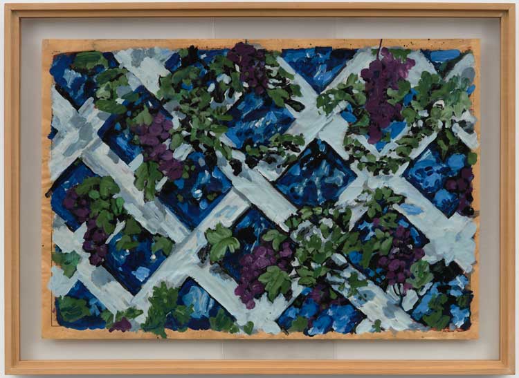 Paul Thek. Untitled (Grapes), 1974. Enamel on newspaper, 58 x 84 cm (22 3/4 x 33 in). © Estate of Paul Thek. Courtesy of Pace Gallery, Galerie Buchholz, Mai 36 Galerie, and the Watermill Center, NY. Photo: Ben Westoby / Fine Art Documentation.