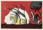Wassily Kandinsky, Two Riders Against a Red Background, 1911. Colour woodcut (print). © Staatliche Museen zu Berlin, Kupferstichkabinett / Dietmar Katz.