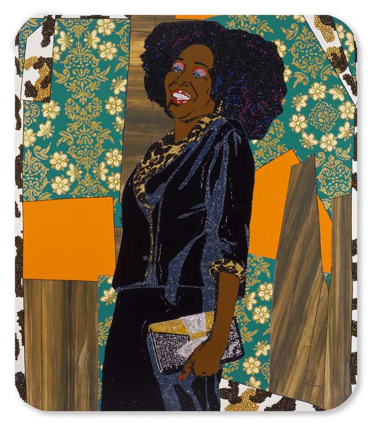 Mickalene Thomas, Mama Bush: (Your Love Keeps Lifting Me) Higher and Higher, 2009. Rhinestones, acrylic, and enamel on wood panel, 82 x 72 in (208.3 x 182.9 cm). © Mickalene Thomas.