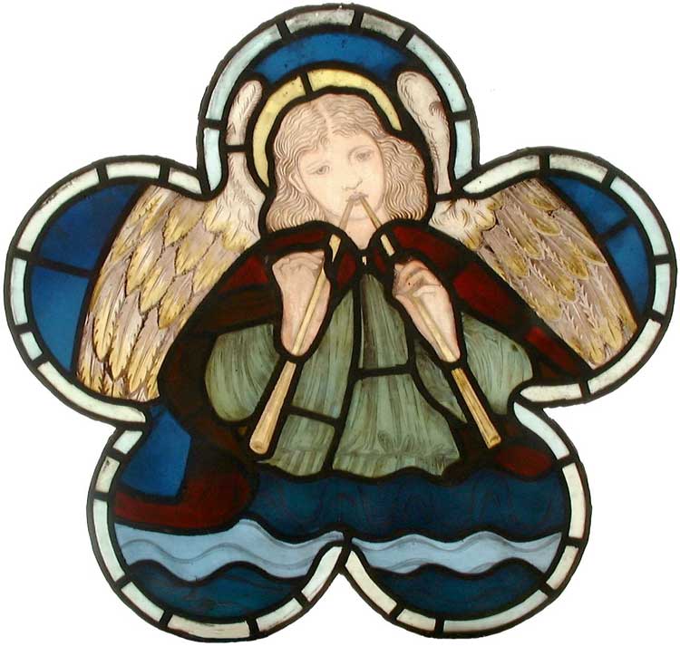 Burne Jones / Morris, Marshall, Faulkner & Co, Musician Angel (playing aulos), 1865. Stained glass panel. Courtesy of The Stained
Glass Museum.
