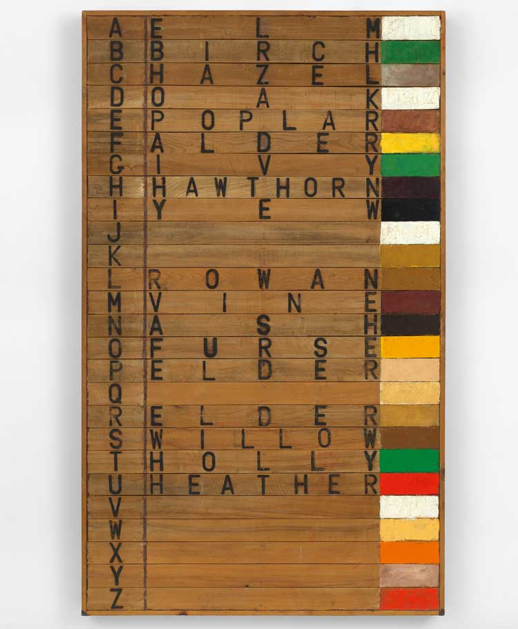 Joe Tilson, Tree Alphabet, 1973. Oil on wood, 235 x 141 x 10 cm. Page 69 in book. © Joe Tilson. All Rights Reserved, DACS 2023.