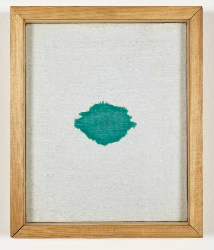 Goran Trbuljak. Dropwise from behind. 10 drops of colour for stamps dripping through a hole on the back, 1982. Acrylic on canvas, wood, glass, 38 x 31 x 5. Photo: Carlo Favero.