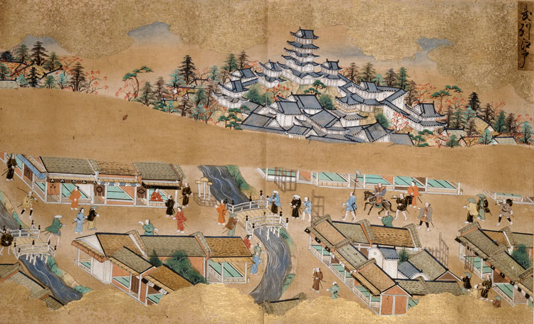 Edo Castle from the album, Record of Famous Sights of the Tokaido Road, Tosa school, late-17th century. Double page, 17.5 x 28.1 cm. Ashmolean Museum, University of Oxford