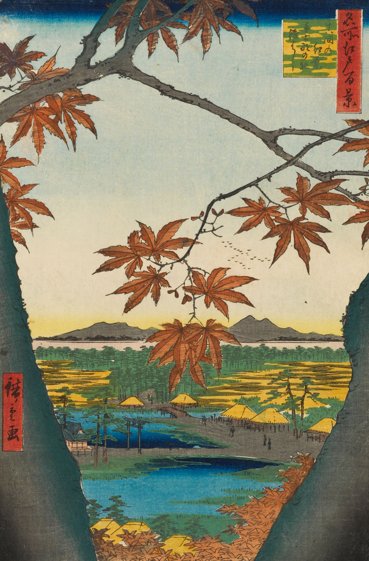Utagawa Hiroshige (1797–1858). Maple Trees at Mama, Tekona Shrine and Linked Bridge from One Hundred Famous Views of Edo, 1857. Woodblock print on paper, 34.9 x 23.5 cm. Ashmolean Museum, Uniiversity Oxford.