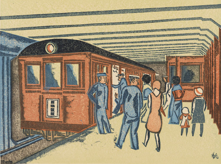Maekawa Senpan (1888–1960), Subway, from the series One Hundred New Views of Tokyo, 1931. Colour woodblock print, 20 x 26 cm. Ashmolean Museum, University of Oxford