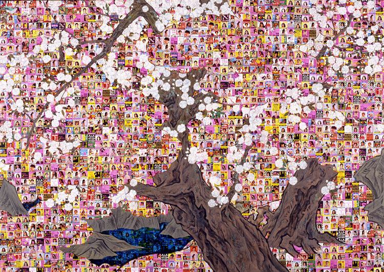 Aida Makoto. Uguisudani-zu, 1990. Panel, sex phone calling cards, Japanese mineral pigment, acrylic 
Private Collection © Aida Makoto, courtesy the artist and Mizuma Art Gallery.