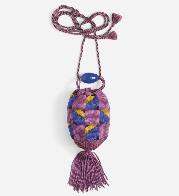 Sophie Taeuber-Arp. Geometric Forms (beaded bag), 1917. Glass beads, metal beads, thread, cord, and fabric. height: 8 1⁄16 in (20.5 cm), dia 2 3⁄4 in (7 cm). Museum für Gestaltung, Zürcher Hochschule der Künste, Zurich. Decorative Arts Collection