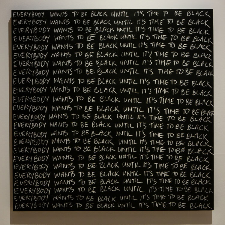 Larry Achiampong, Detention (EVERYBODY WANTS TO BE BLACK UNTIL IT’S TIME TO BE BLACK), 2021, Blackboard, chalk. Written by Tessa Giblin, Thursday 29 April 2021. Courtesy of Talbot Rice Gallery, University of Edinburgh. Photo: Sally Jubb.