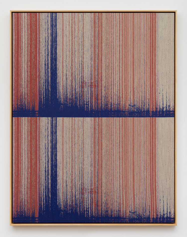 Mika Tajima. Negative Entropy (Inscape, Beginning Meditation, Pale Orange, Double), 2020. Cotton, polyester, nylon, wool acoustic baffling felt, and white oak, 142.6 x 110.2 x 5.7 cm (56 1/8 x 43 3/8 x 2 1/4 in). Image courtesy of the artist and Kayne Griffin Corcoran. Copyright of the artist.