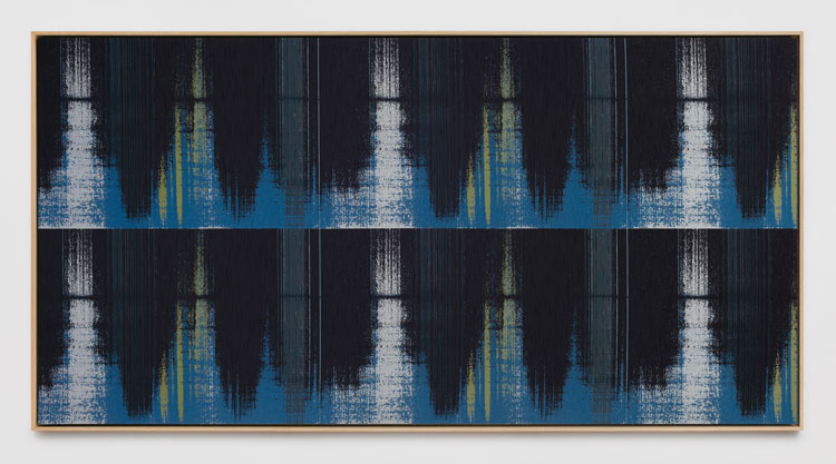 Mika Tajima. Negative Entropy (RSK Sanyo Broadcasting, Master Control Switchboard, Blue, Hex), 2020. Cotton, polyester, nylon, rayon, wool acoustic baffling felt, and white oak, 144.5 x 279.1 x 7.5 cm (56 7/8 x 109 7/8 x 3 in). Image courtesy of the artist and Kayne Griffin Corcoran. Copyright of the artist.
