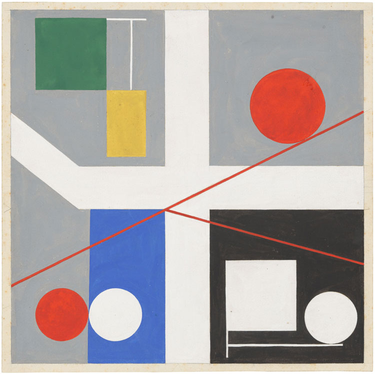 Sophie Taeuber-Arp, Quatre espacs á cercles rouges roulants (Four spaces with red rolling circles), 1932. Gouache on paper, 27.6 x 27.6 cm. © Stiftung Arp e.V., Berlin / Rolandswerth, courtesy the estate and Hauser & Wirth.