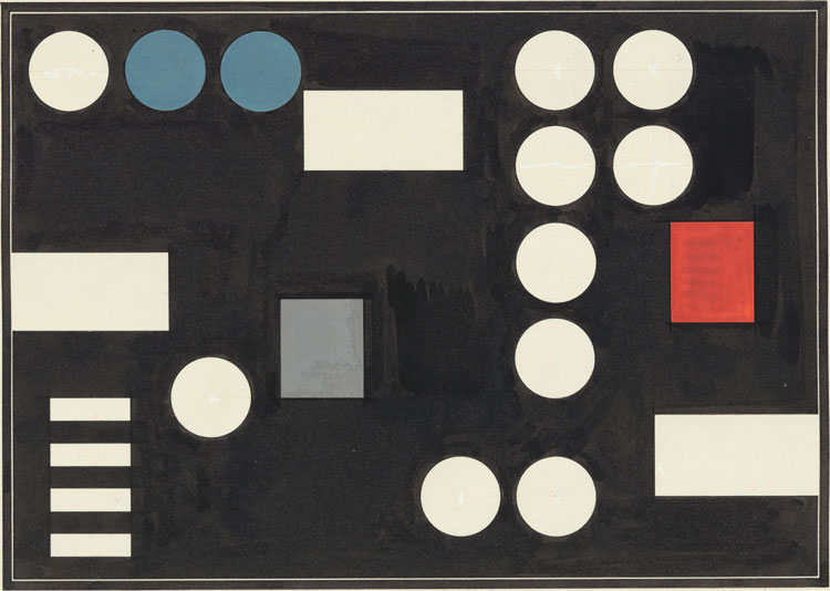 Sophie Taeuber-Arp, Composition à rectangles et cercles (Composition with rectangles and circles), 1931. Black ink, gouache, watercolour (red) with graphite drawing and opaque white corrections on drawing paper, 20.5 x 27.4 cm. Photo: Alex Delfanne. © Stiftung Arp e.V., Berlin / Rolandswerth, courtesy the estate and Hauser & Wirth.