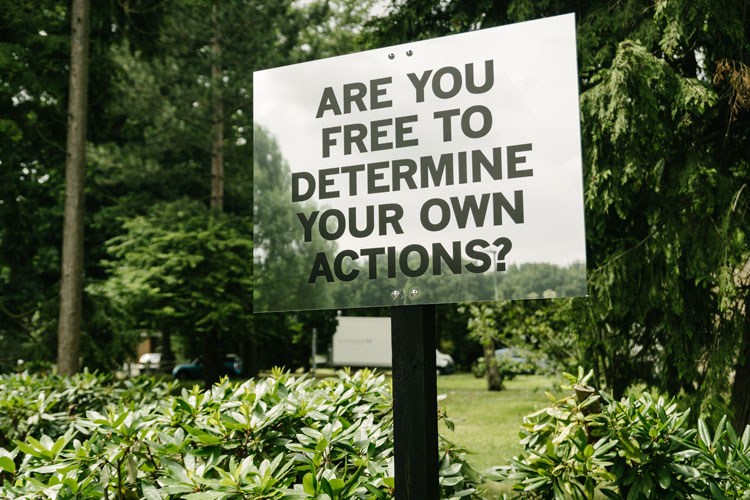 Mark Titchner. Some questions about us?, 2019. Digital print on mirrored dibond and wood. Installed Royal Bethlem Hospital.