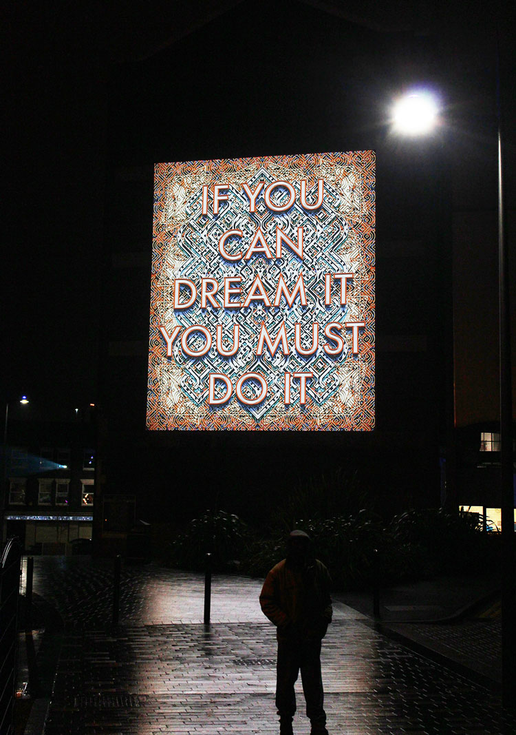 Mark Titchner. Beacon, 2016. Digital print and LED Lightbox. Installation view, Luton.