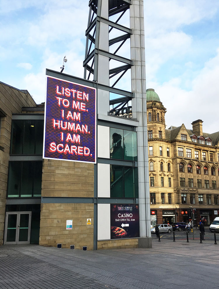 Mark Titchner. Listen to me, 2017.  Digital print. Installation view, Manchester.