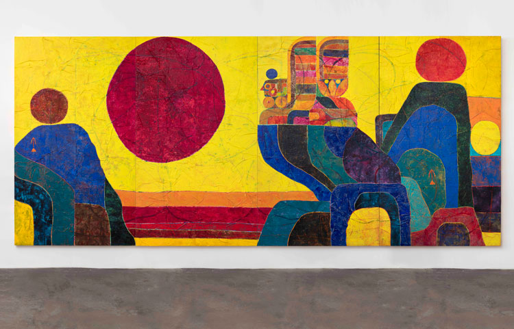 Alexander Tovborg. Sphinx and nature, 2019. Acrylic, watercolour, crayon and felt on wooden panel, 260 x 600 x 6 cm. Courtesy of the artist and Galleri Nicolai Wallner. Photo: Anders Sune Berg.