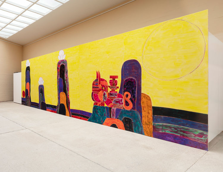 Alexander Tovborg. Guddommen og dens skabere II [Divinity and its creators II], 2019. Acrylic and pastel on wooden panel, 300 x 1,000 x 6 cm. Installation view, Rudolph Tegners Museum, Dronningmølle, Denmark. Courtesy of the artist and Galleri Nicolai Wallner. Photo: Anders Sune Berg.
